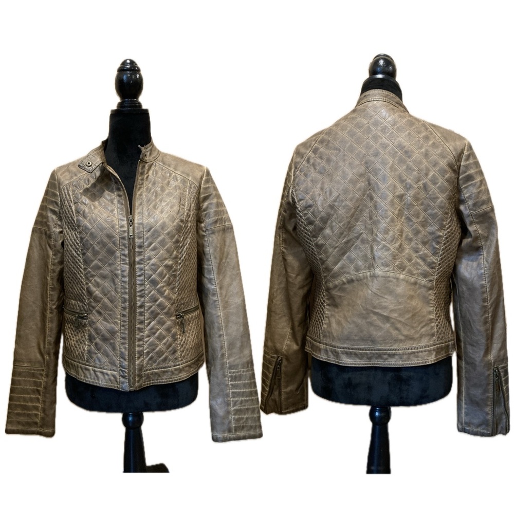Jou Jou Women's Brown Quilted Faux Leather Moto Jacket Grunge Distressed Large